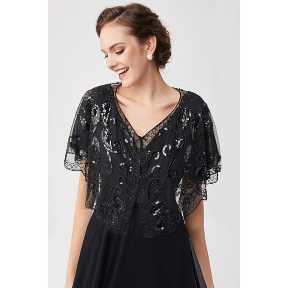 Babeyond 1920s Shawl  Wraps Beaded Evening Cape Bridal Shawl Cover Up (Black) - Picture 2 of 6